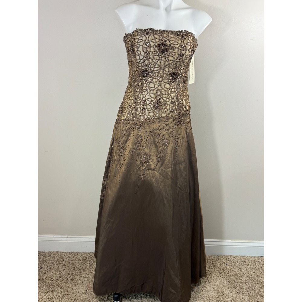 NWT Montage Boutique Strapless Formal Gown Bronze Beaded Dress Women's 10